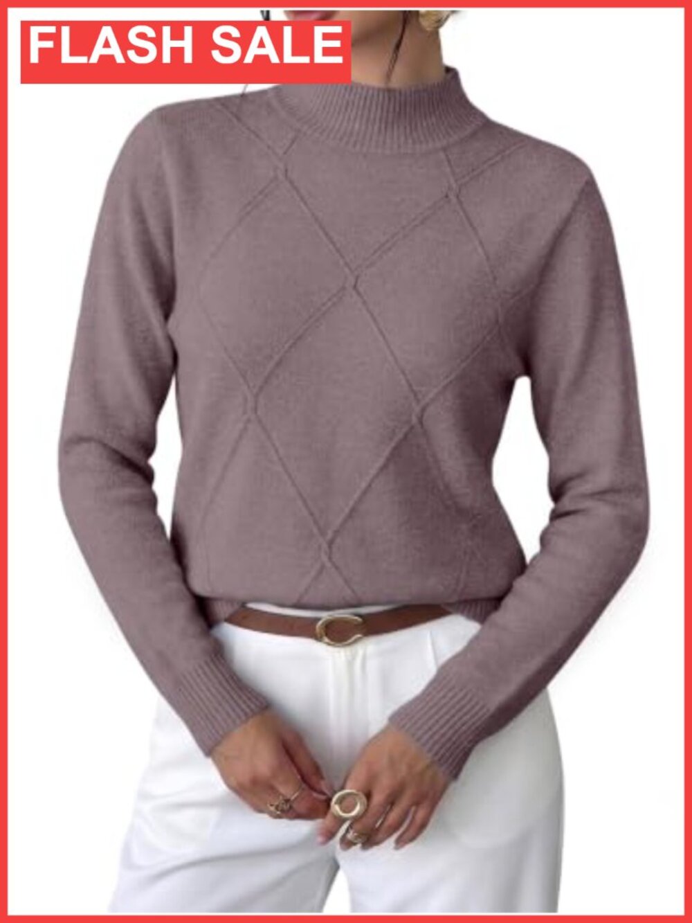 Womens Cable Knit Argyle Sweater Mock Neck Long Sleeve Fall Winter Pullover